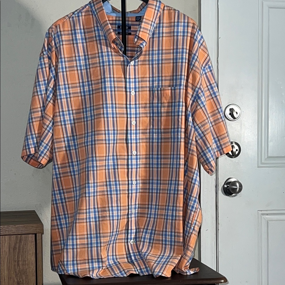 Izod Men's Orange and Blue Plaid Casual Shirt